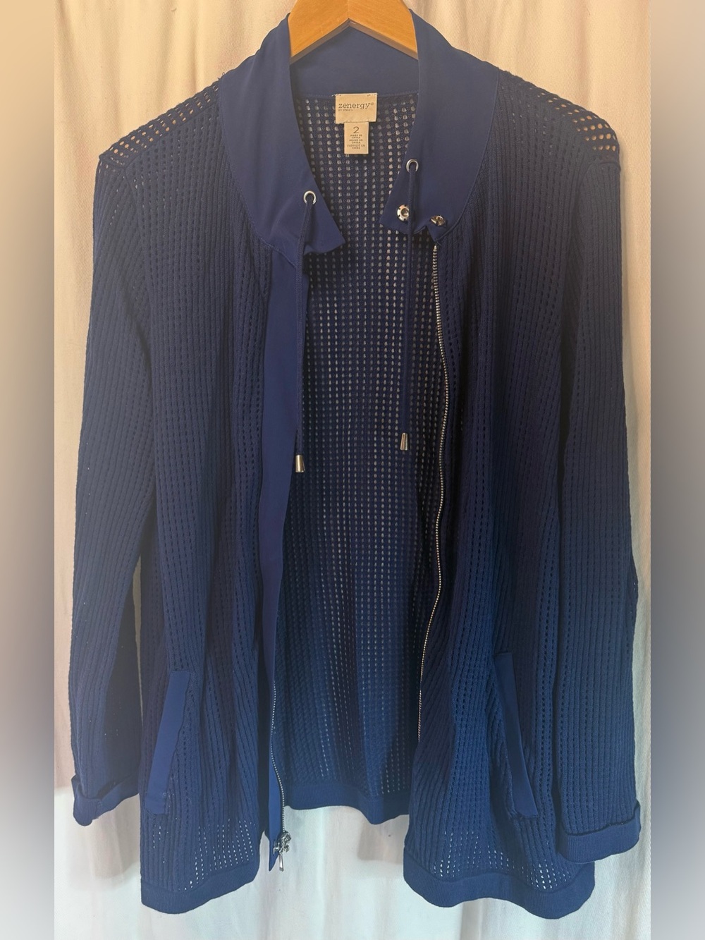 Zenergy by Chico's Navy Open-Weave Zip Cardigan